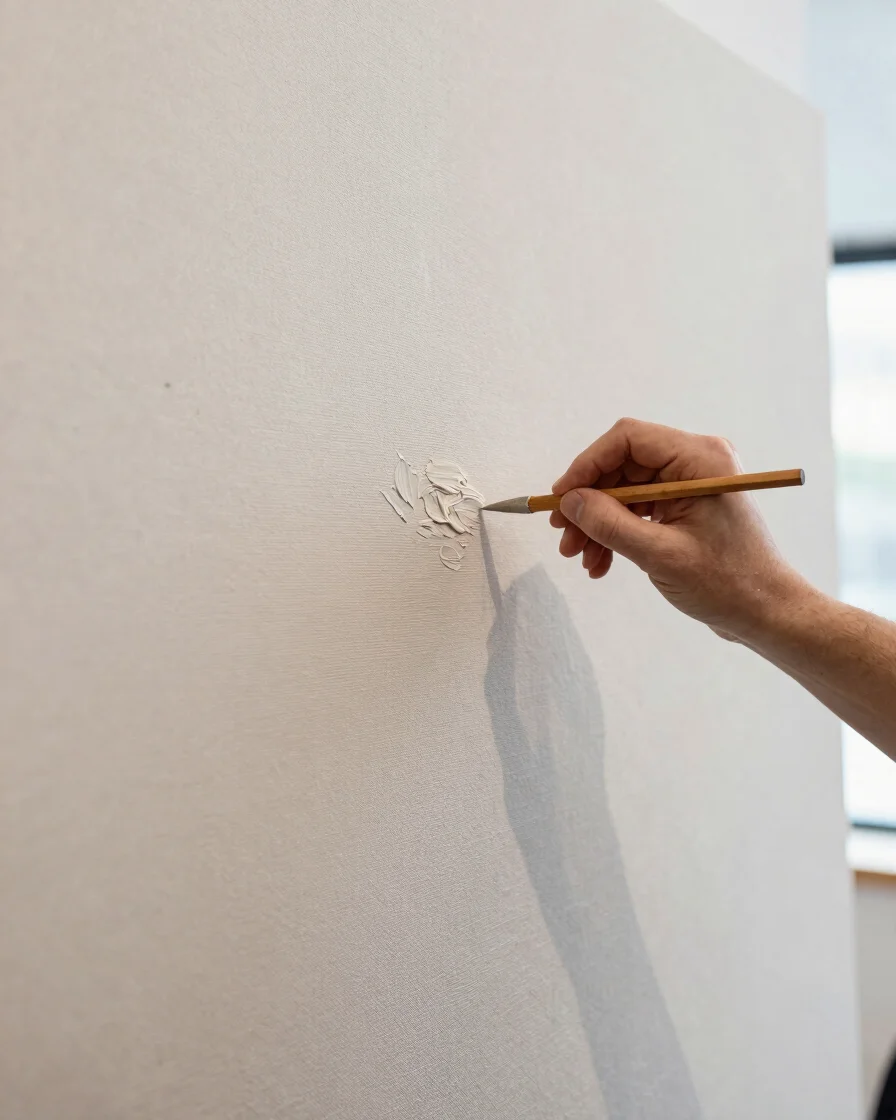 Artist's hands working on a large canvas, close-up on impasto texture, diffused north-facing studio daylight, crisp focu