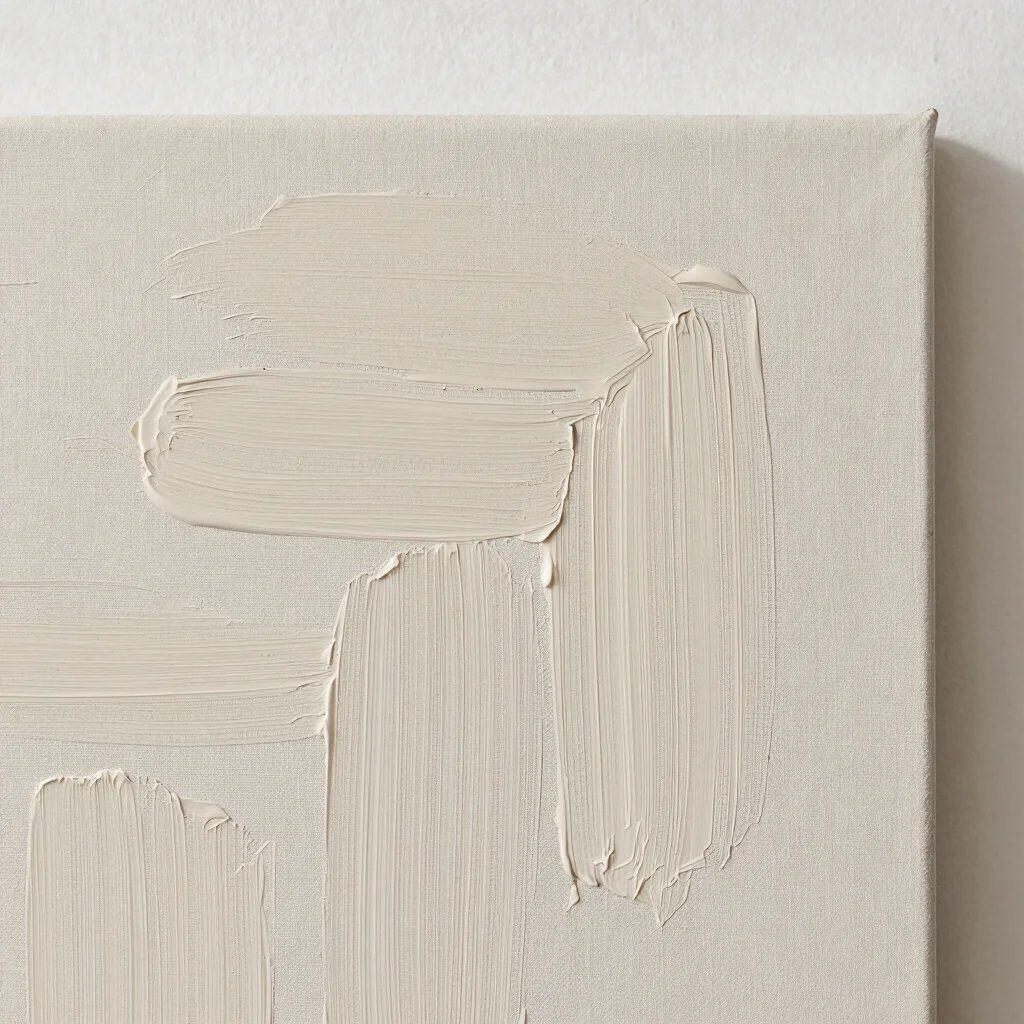 Close-up of thick, layered brushstrokes on a canvas, soft studio daylight, rich canvas texture detail