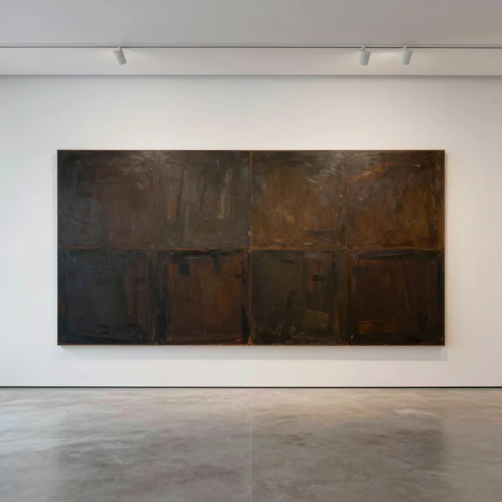 Large-scale contemporary painting in a minimalist gallery setting, wide shot, soft neutral daylight
