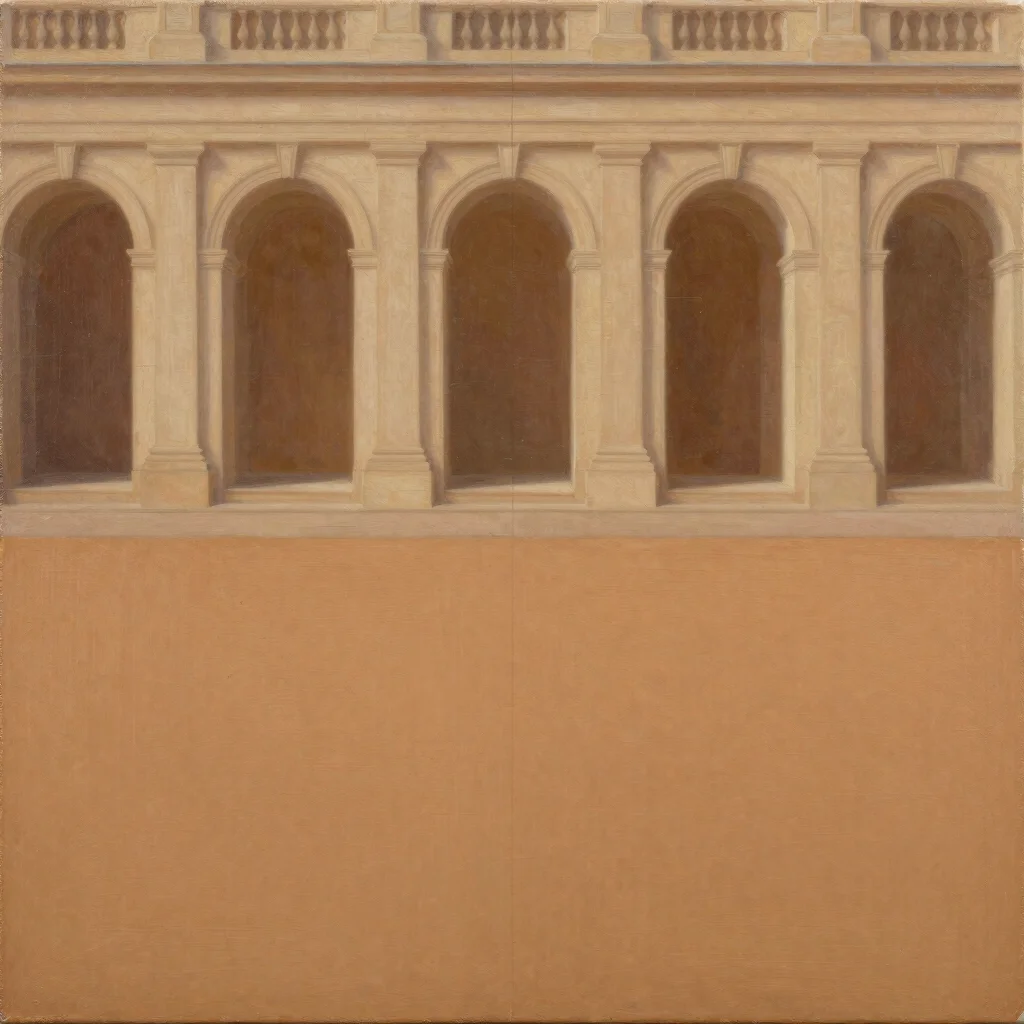 Full-frame reproduction of an original painting, warm ochre and sienna, true color fidelity
