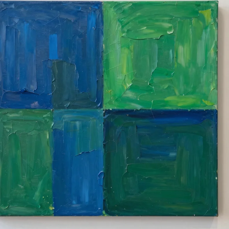 Abstract oil painting with vibrant blue and green impasto textures, gallery lighting, clean architectural backdrop